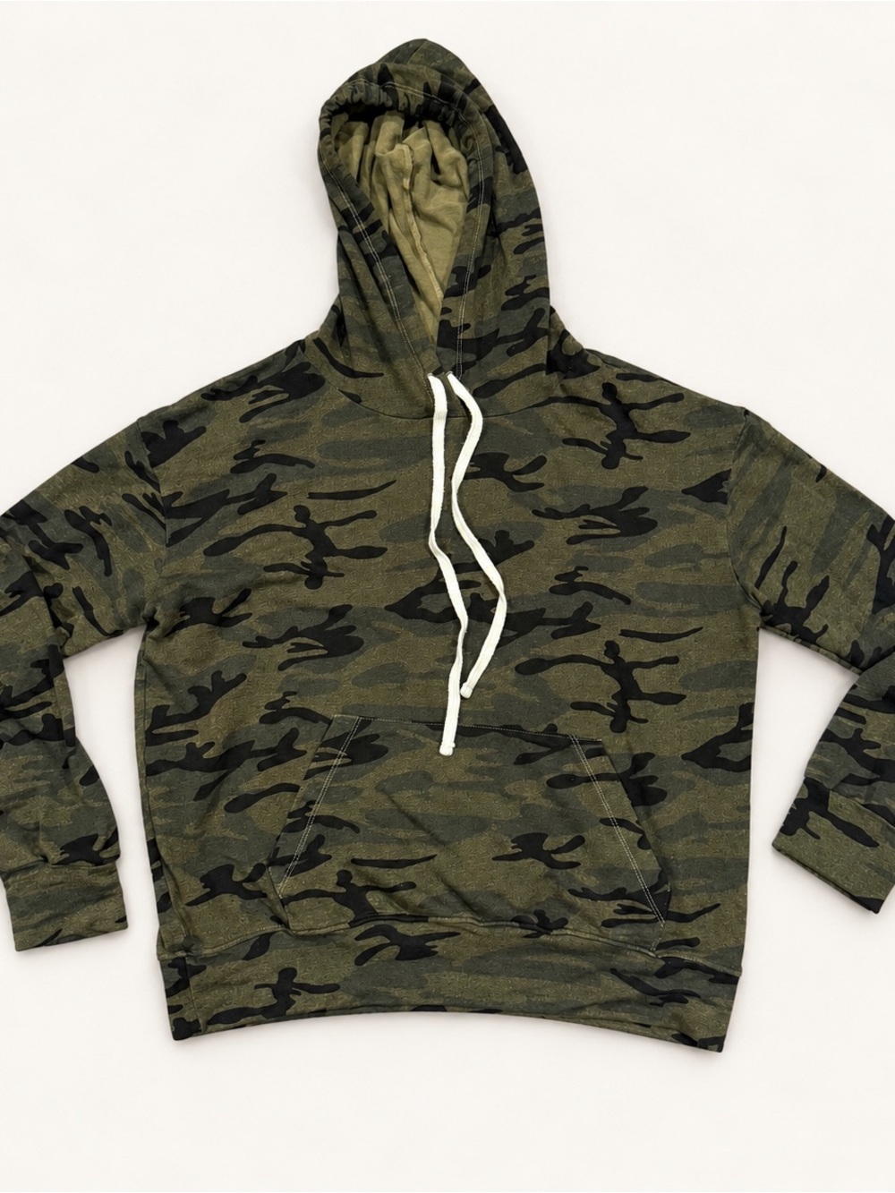 SUNDRY Camo Hoodie Size 1 Small Olive Green French Terry Pullover Made USA